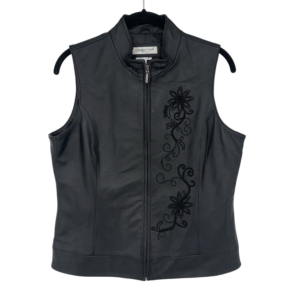 NEW Coldwater Creek Womens Leather Vest Black Small Embroidered Accents Full Zip